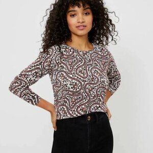 LOFT Women's Geo Floral Sweater - Whisper White Burgundy 100% Cotton Size M